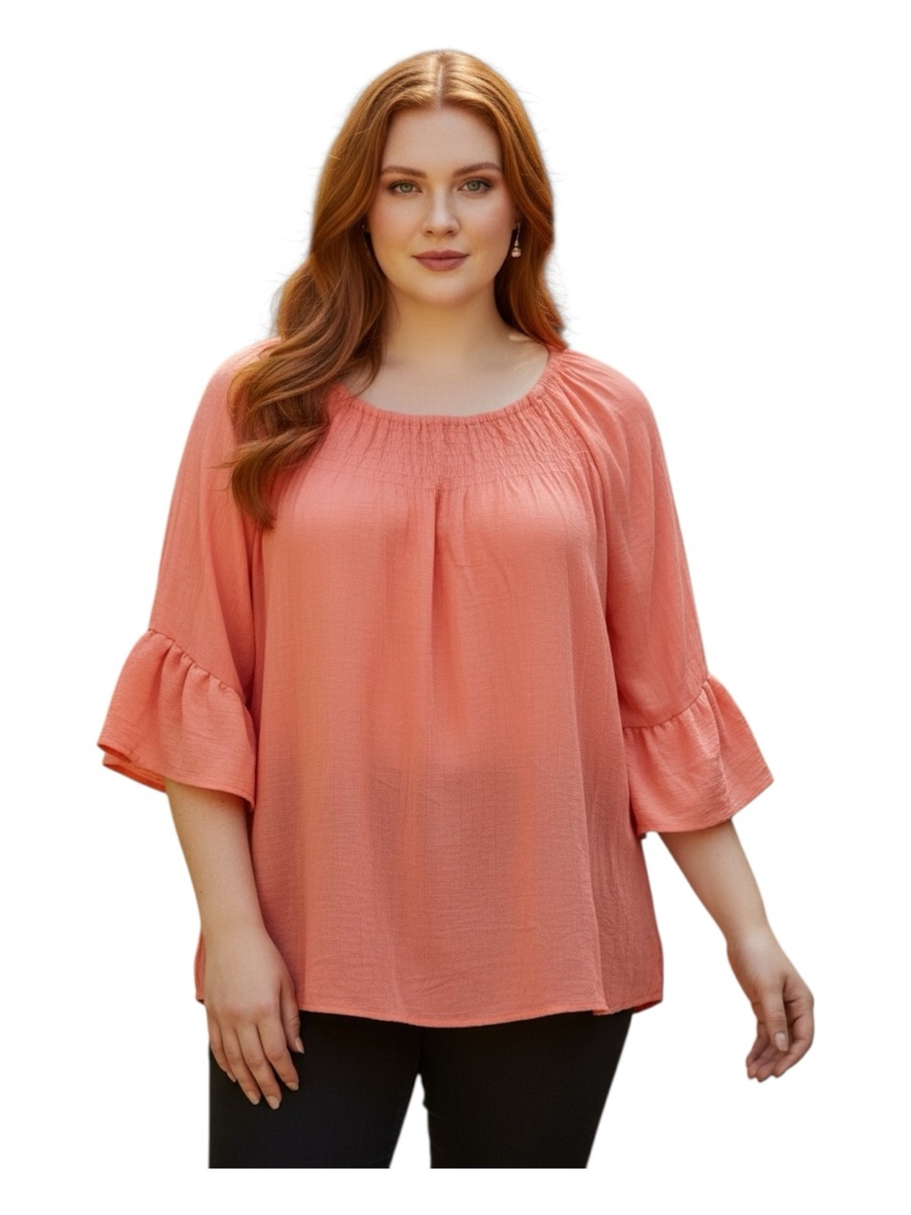 Jaclyn Smith Plus Size 2X Coral Ruffle-Sleeve Peasant Blouse